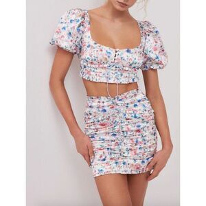 NWT For Love and Lemons white blue pink floral Juliet skirt crop top set M/L